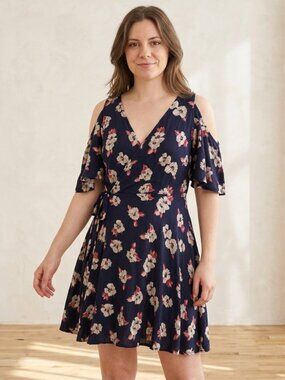 Angie Boho Floral Cold Shoulder Summer Wrap Dress Size S Navy Ruffle Mini EUC
